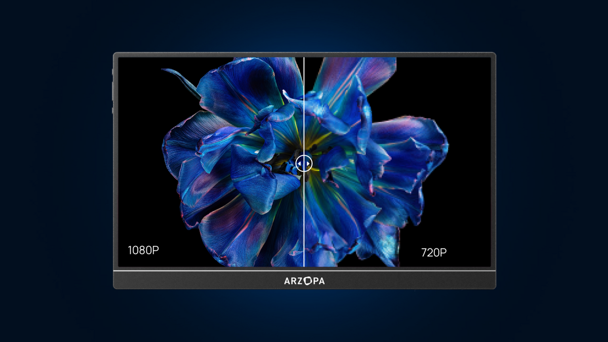 Arzopa portable monitor displaying 1080p vs 720p resolution comparison