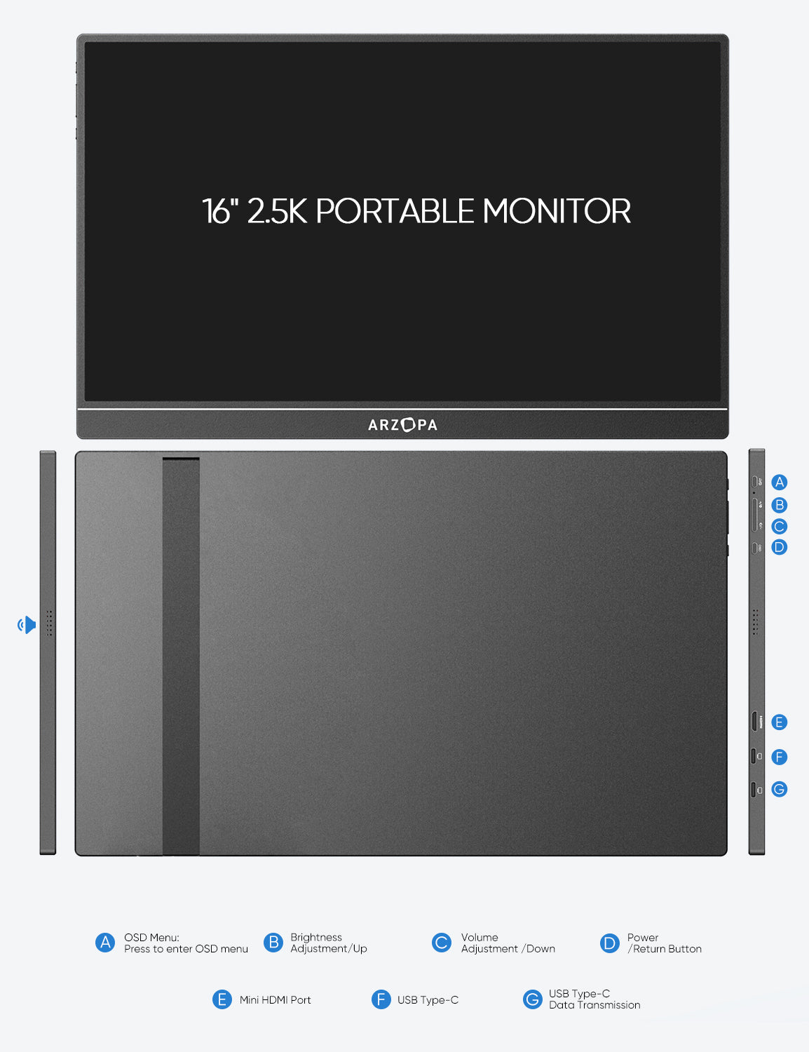 Arzopa Z1RC | 16" 2.5K Portable Monitor with 350nits 8bit Display