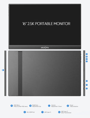 Arzopa Z1RC | 16" 2.5K Portable Monitor with 350nits 8bit Display