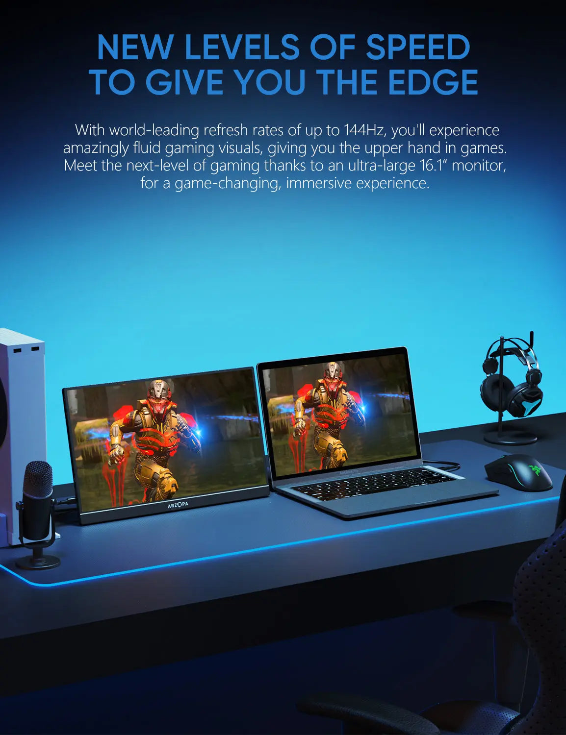 Comparación visual 144 Hz frente a 60 Hz del monitor portátil gamer ARZOPA Z1FC