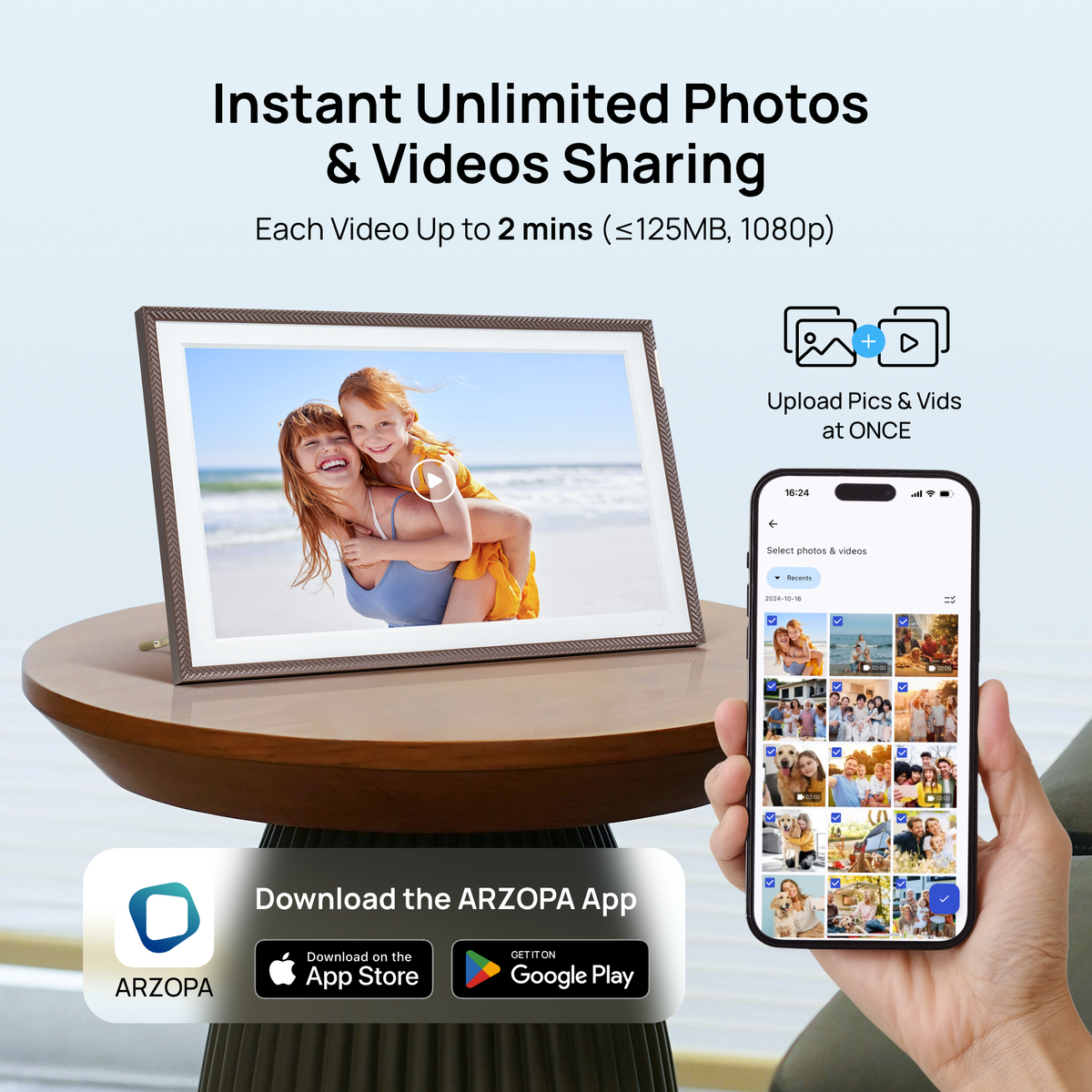 ARZOPA D15 15,6” WiFi Digitaal Fotolijstje | Elegant Bruin & Anti-Glans