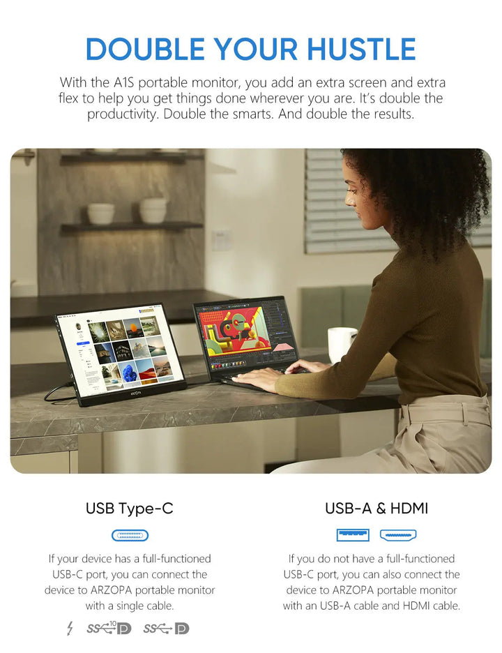 Portable Gaming Monitor Arzopa Z1FC USB Type-C USB-A & HDMI