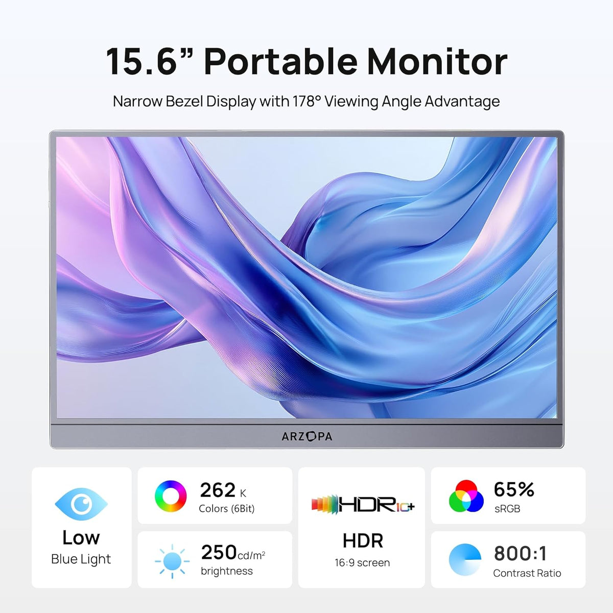 ARZOPA A1 15.6 inch portable monitor specifications showing low blue light, HDR, and 250 nits brightness.