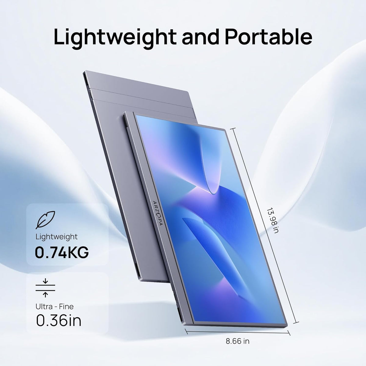 An ultra-slim and lightweight 15.6 inch ARZOPA A1  grey portable monitor weighing only 0.74kg.
