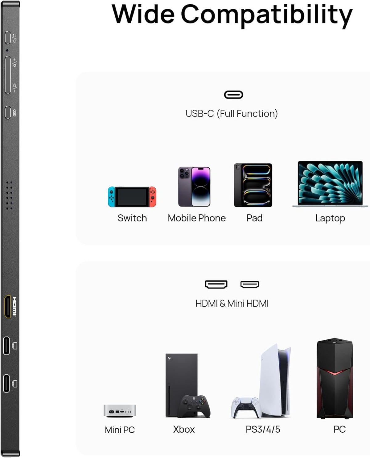 ARZOPA A1M 17.3 inch portable monitor interface showing USB-C and Mini HDMI compatibility with laptops, phones, and consoles.