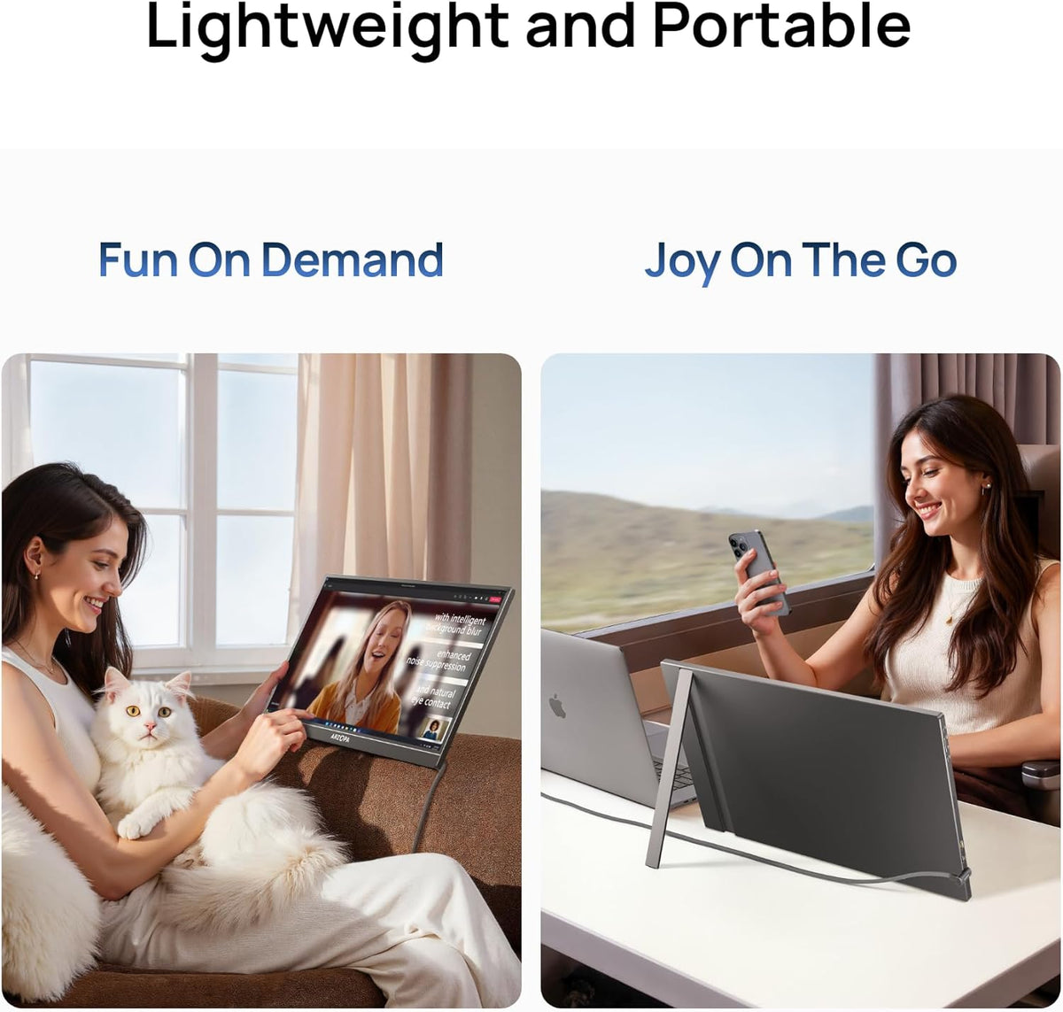 People using the lightweight ARZOPA A1M portable monitor for home entertainment and laptop extension.