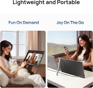 People using the lightweight ARZOPA A1M portable monitor for home entertainment and laptop extension.