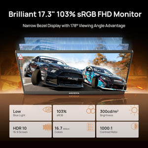 ARZOPA A1M 17.3 inch monitor specifications with 103% sRGB, 300 nits brightness, and HDR 10.