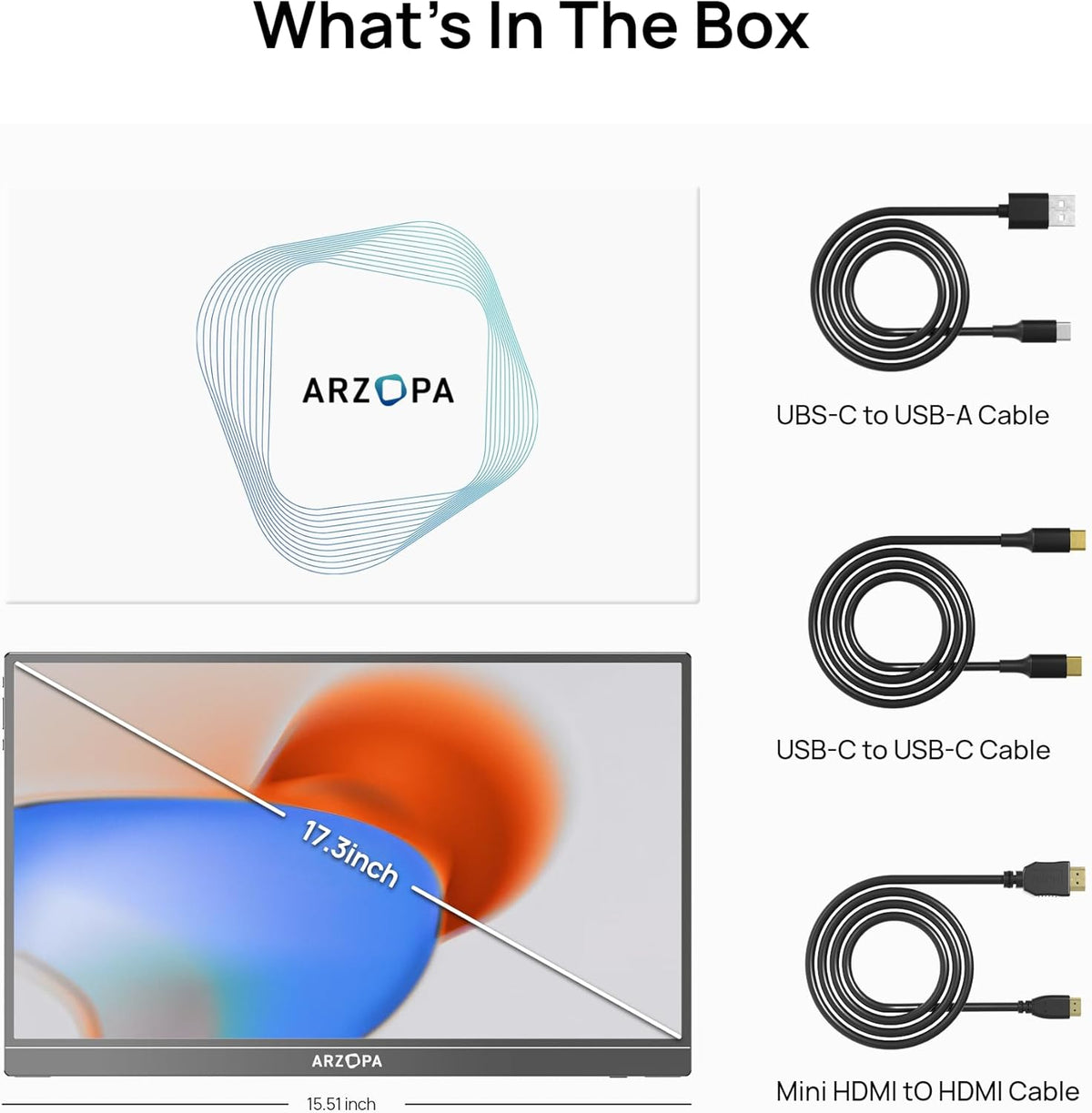 What is in the box package for ARZOPA A1M 17.3 inch portable monitor including cables and user manual.