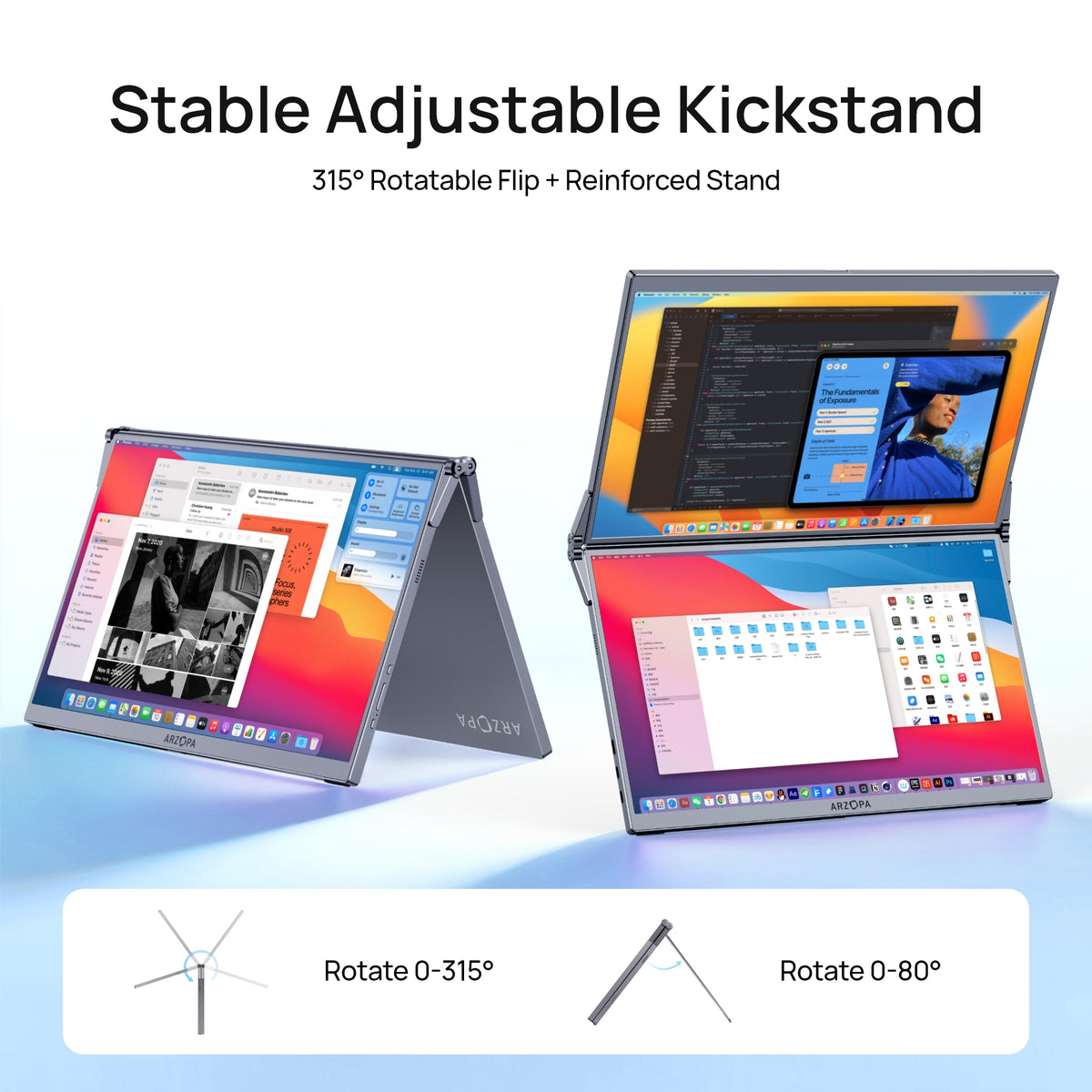 ARZOPA E1 15.6 inch dual screen portable monitor with 315 degree rotatable flip stable adjustable kickstand.