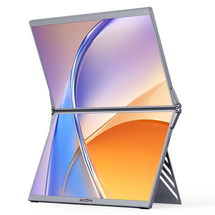 ARZOPA E1 dual screen portable monitor with two folded 14-inch stacked screens for multitasking.