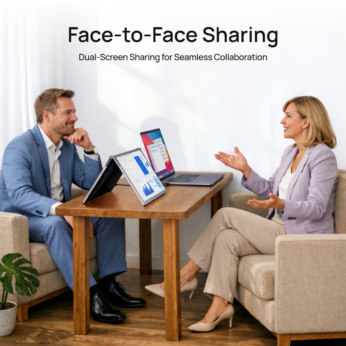 Two business professionals collaborating using ARZOPA E1 dual screen portable monitor face to face sharing mode.