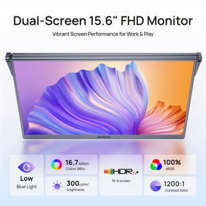 ARZOPA E1 dual screen portable monitor specifications showing eye care low blue light and 100% sRGB display.