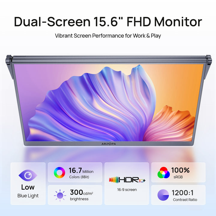 ARZOPA E1 dual screen portable monitor specifications showing eye care low blue light and 100% sRGB display.