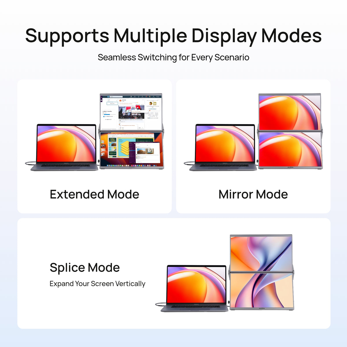 ARZOPA E1 dual screen monitor supporting multiple display setups including extended, mirror, and vertical splice modes.
