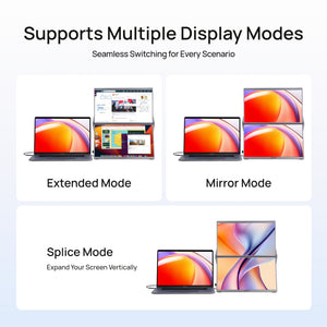 ARZOPA E1 dual screen monitor supporting multiple display setups including extended, mirror, and vertical splice modes.