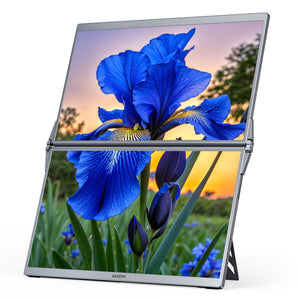 Vibrant blue iris flower wallpaper displayed across stacked dual screens of ARZOPA E1 portable monitor.