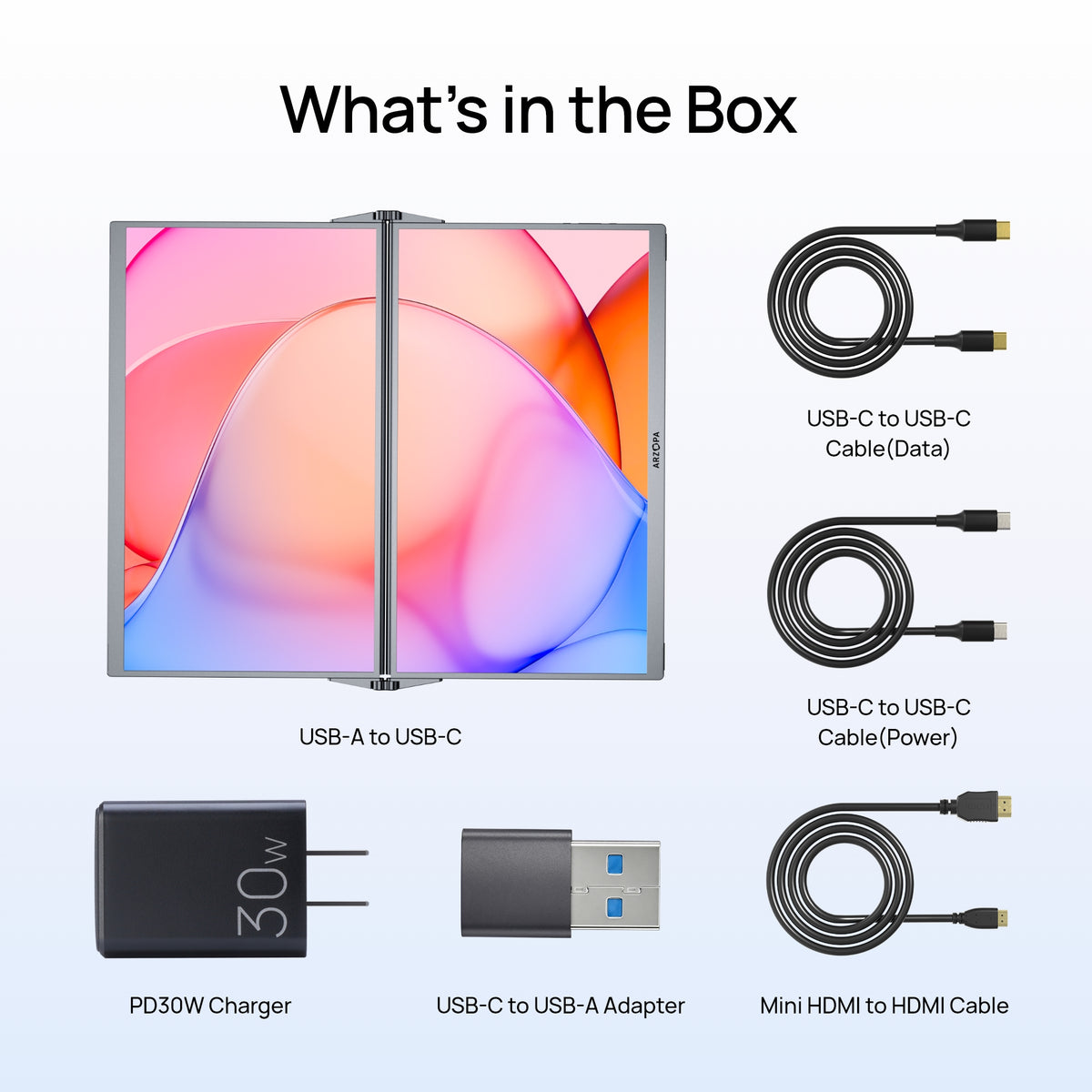 What is in the box package contents for ARZOPA E1 dual screen portable monitor including PD 30W charger and cables.