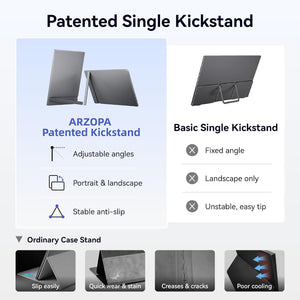 ARZOPA portable monitor featuring a patented single kickstand for adjustable viewing angles.