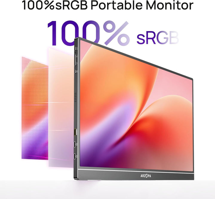 ARZOPA Z1C 16.1 inch portable monitor in black with 100% sRGB color gamut display.