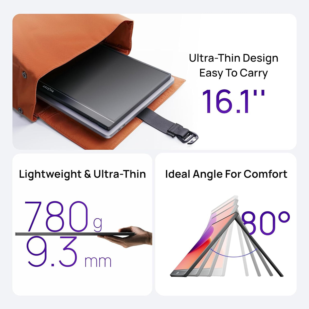 An ultra-thin ARZOPA Z1C black portable monitor weighing only 780g with a 9.3mm slim profile.