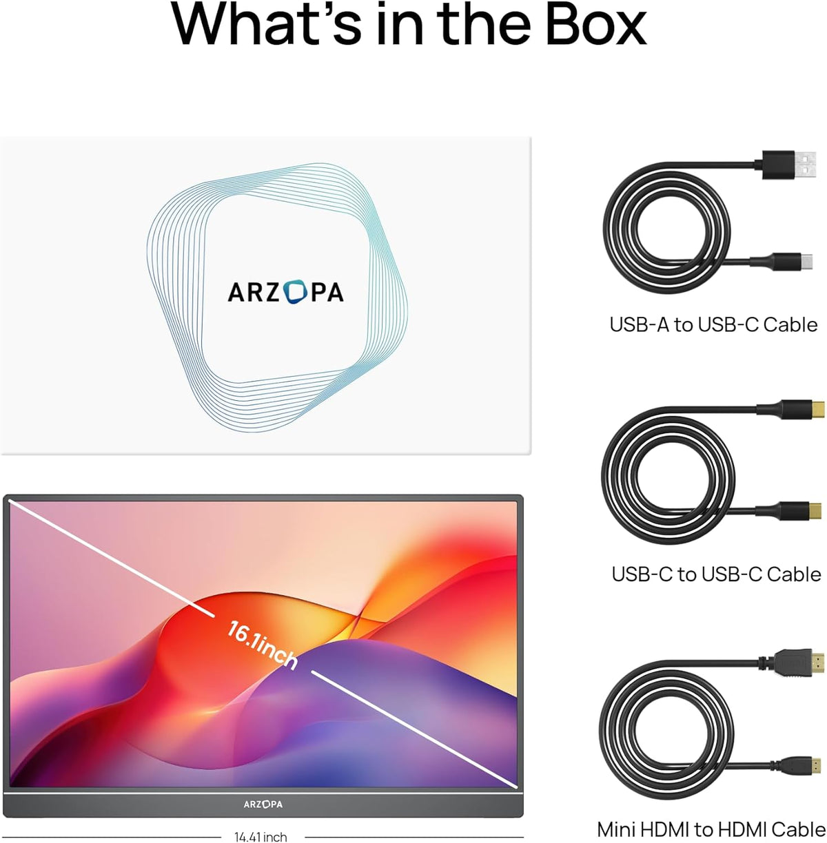 What is in the box package for ARZOPA Z1C black portable monitor including USB-C and Mini HDMI cables.