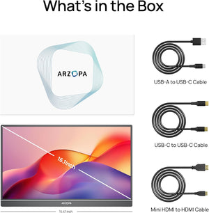 What is in the box package for ARZOPA Z1C black portable monitor including USB-C and Mini HDMI cables.