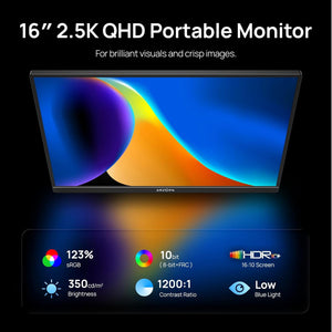 Arzopa 16" 2.5K QHD portable monitor displaying specifications including 123% sRGB, 350 nits brightness, 1200:1 contrast ratio, and low blue light.