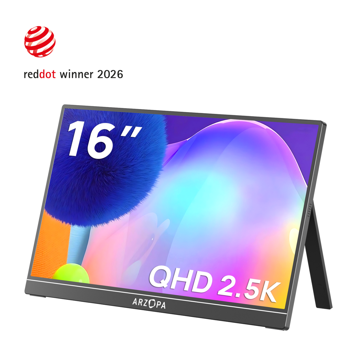 Arzopa Z1RC 16 inch 2.5K QHD portable monitor with dynamic colorful wave wallpaper and built-in kickstand.