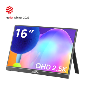 Arzopa Z1RC 16 inch 2.5K QHD portable monitor with dynamic colorful wave wallpaper and built-in kickstand.