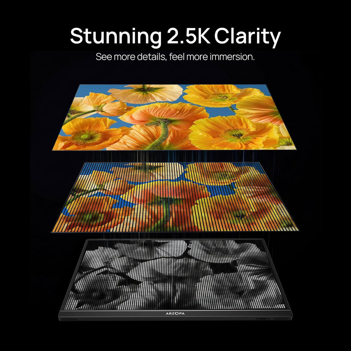 Exploded view design illustrating the 2.5K clarity display layers of the Arzopa IPS screen panel for crisp images.