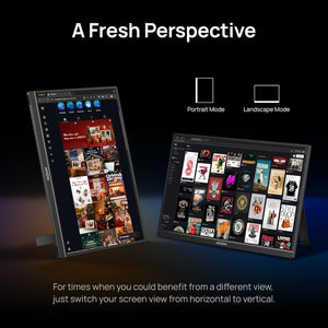 Two Arzopa Z1RC 16 inch displays showing setup in both portrait mode for coding and landscape mode for entertainment.
