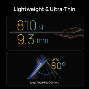 Arzopa ultra-thin and lightweight travel monitor measuring 810g and 9.3mm, showing adjustable viewing angles up to 80 degrees.