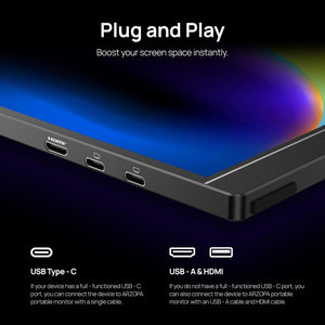 Close-up of Arzopa Z1RC bottom corner highlighting plug and play functionality via dual USB-C ports and Mini HDMI.
