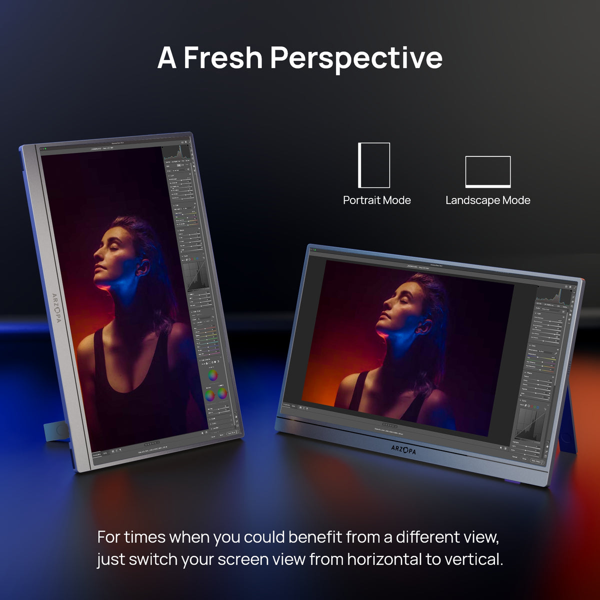 ARZOPA Z1C 16.1 inch grey portable monitor supporting both portrait and landscape orientation switching.