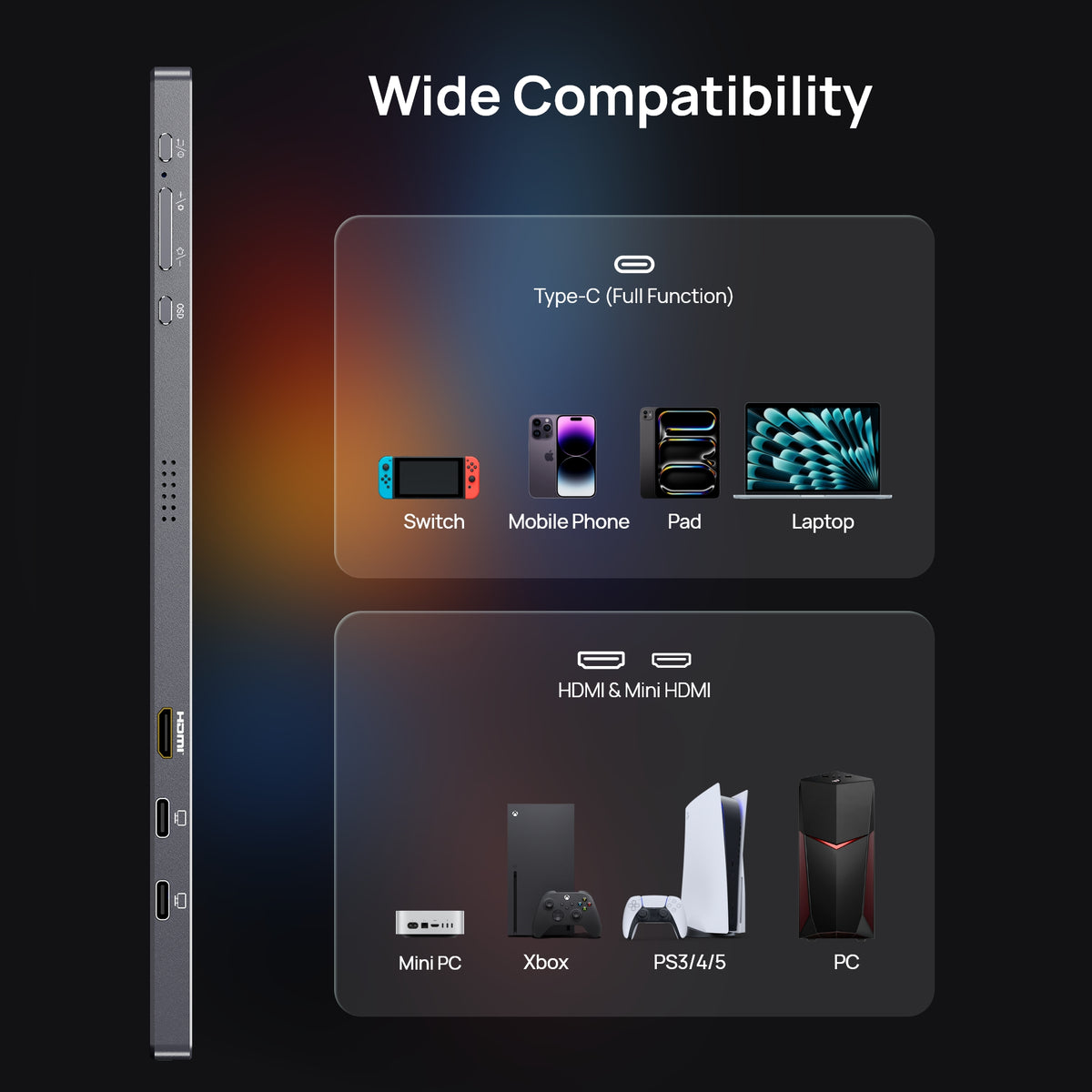 ARZOPA Z1C grey portable monitor connectivity interface showing full function Type-C and HDMI support.