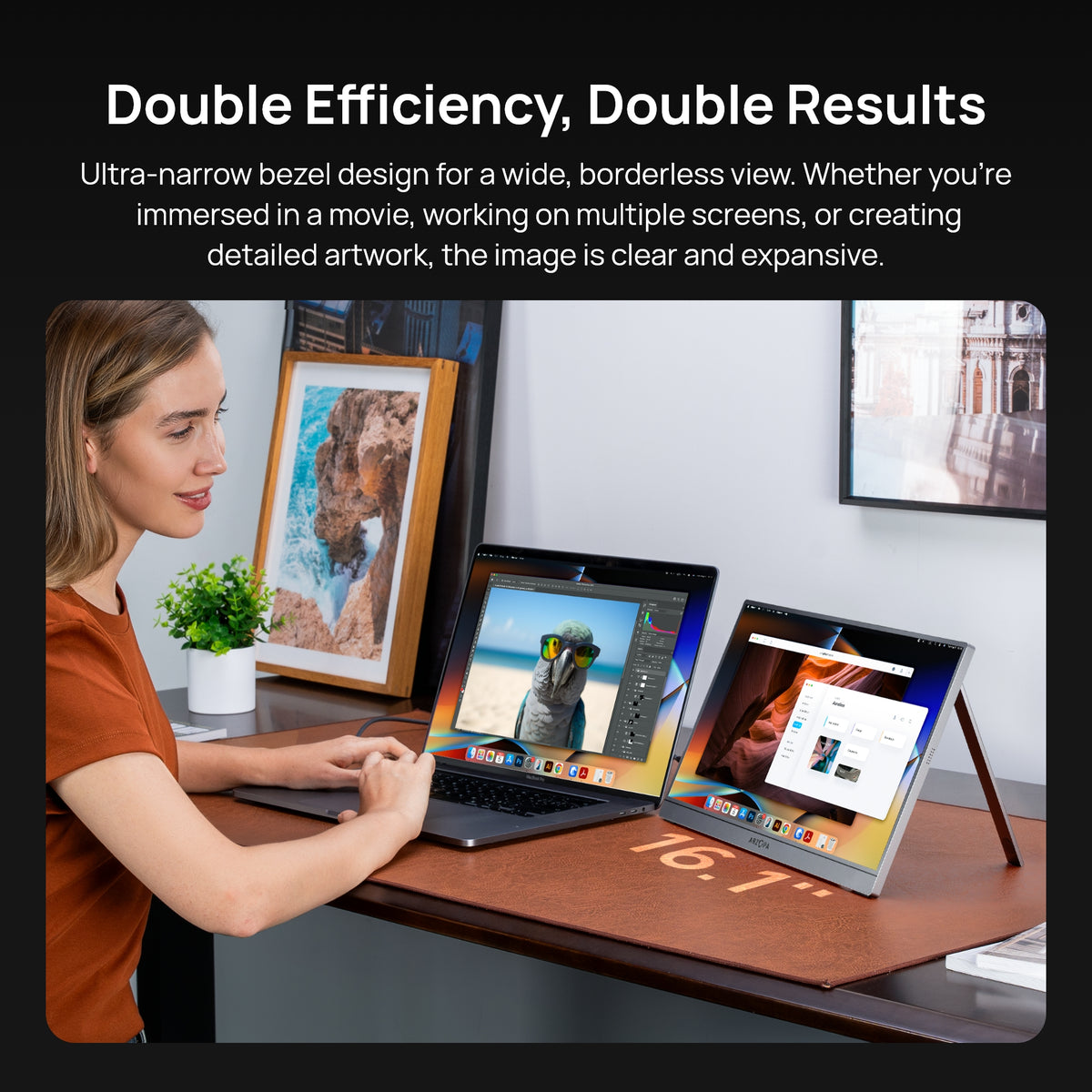 A woman using the ARZOPA Z1C 16.1 inch grey portable monitor alongside her laptop for dual screen efficiency.