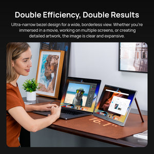 A woman using the ARZOPA Z1C 16.1 inch grey portable monitor alongside her laptop for dual screen efficiency.