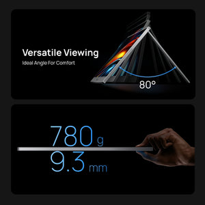 ARZOPA Z1C grey portable monitor profile highlighting 780g lightweight design and 80 degree adjustable viewing angle.