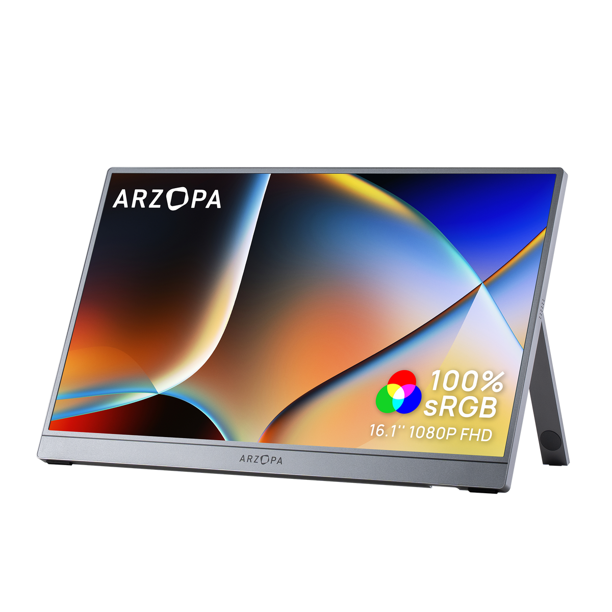 ARZOPA Z1C 16.1 inch FHD 100 percent sRGB slim portable monitor in grey with integrated kickstand.